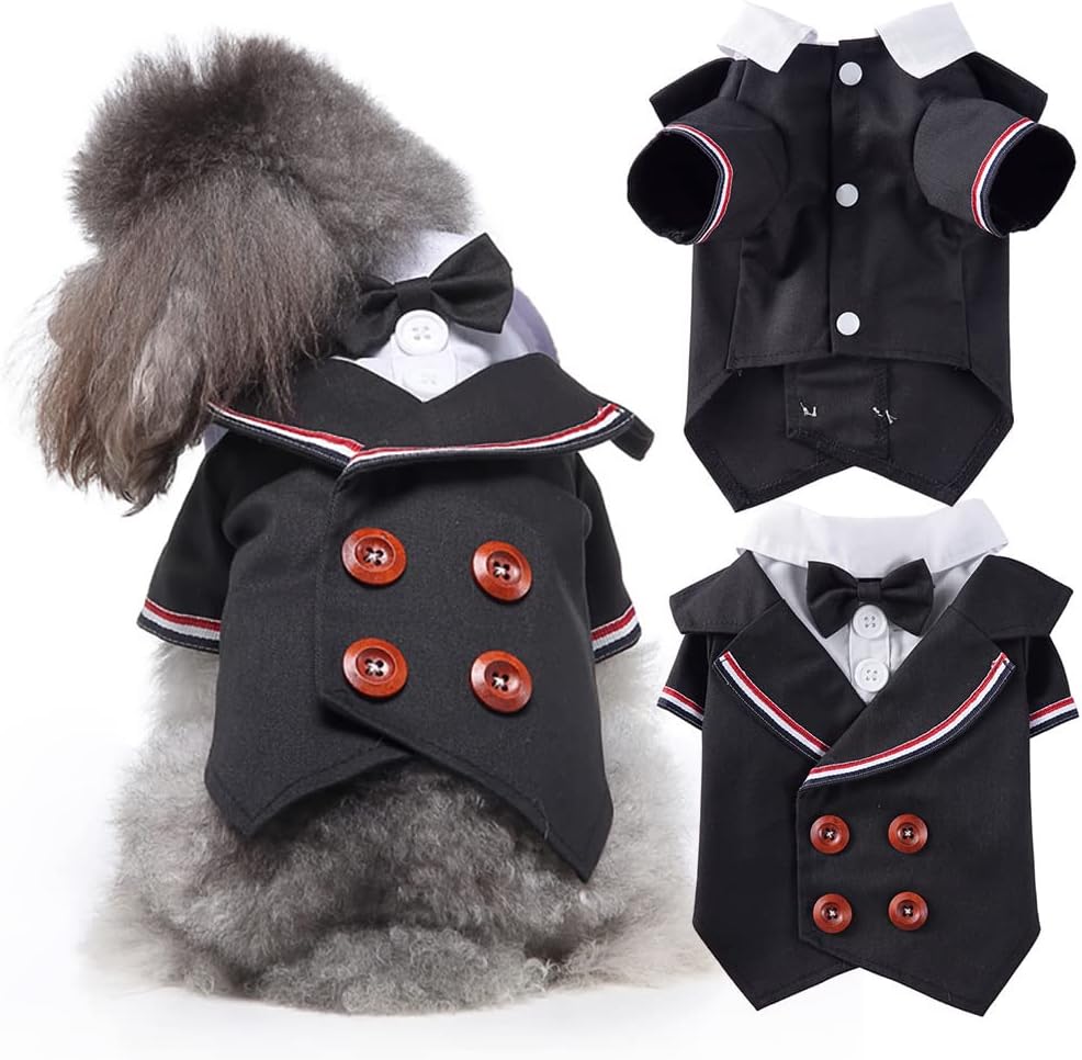 Dog Tuxedo Suit with Bow Tie - Formal Pinstripe Wedding Outfit (Small)