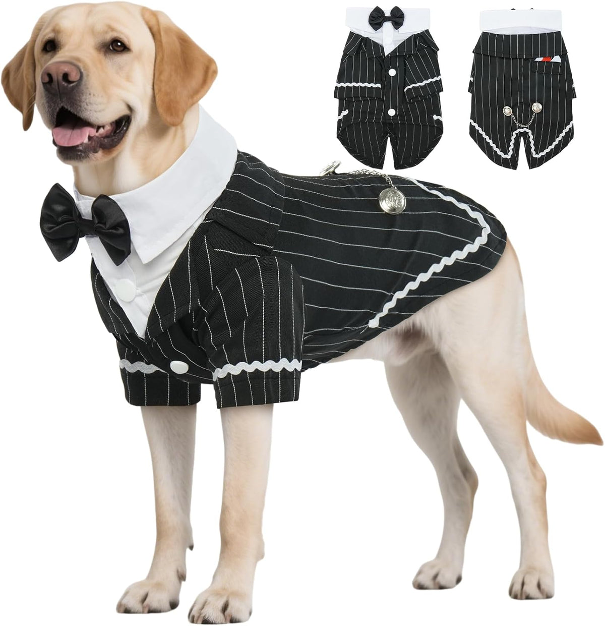 Dog Tuxedo Suit with Bow Tie - Formal Pinstripe Wedding Outfit (Small)