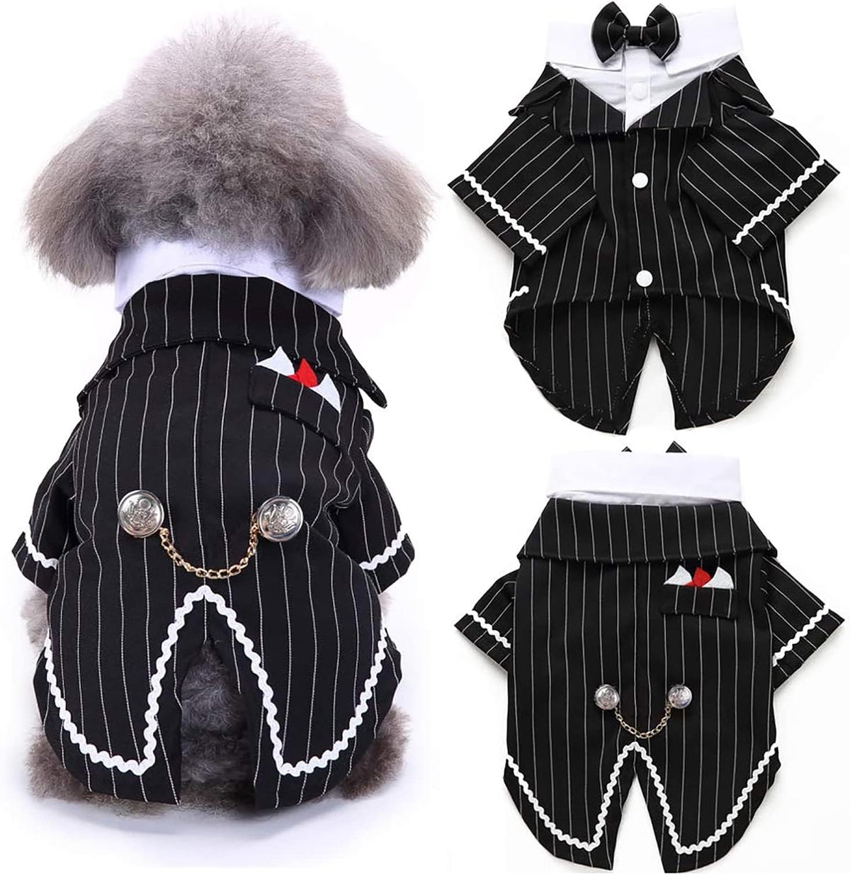 Dog Tuxedo Suit with Bow Tie - Formal Pinstripe Wedding Outfit (Small)