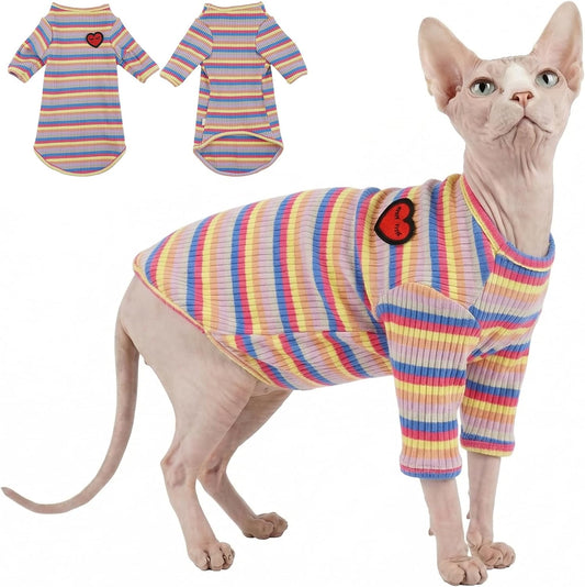 Hairless Cat Shirt - Soft Stripe Cotton Vest for Sphynx Cats